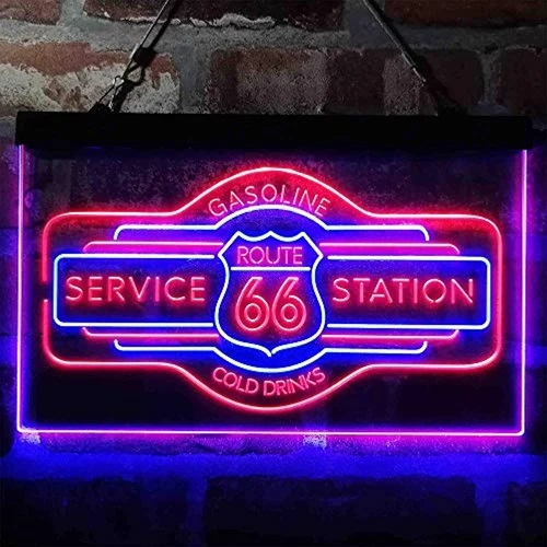Route 66 Gasoline Station Cold Drinks Dual LED Neon Light Sign